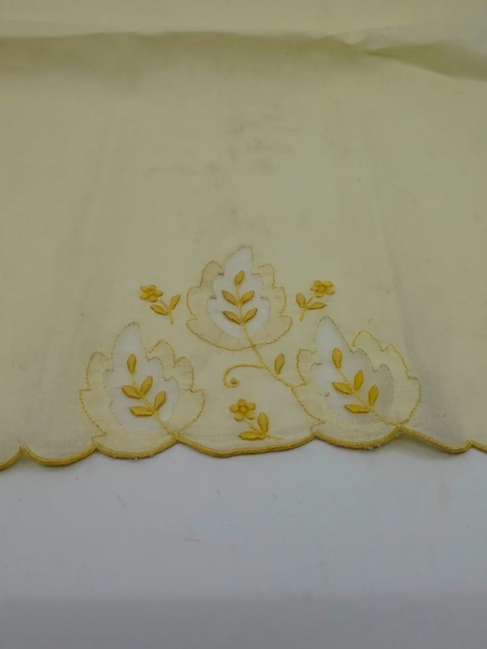 Pair Vintage Embroidered Pale Yellow Madeira Linen & Organza Fingertip Towels